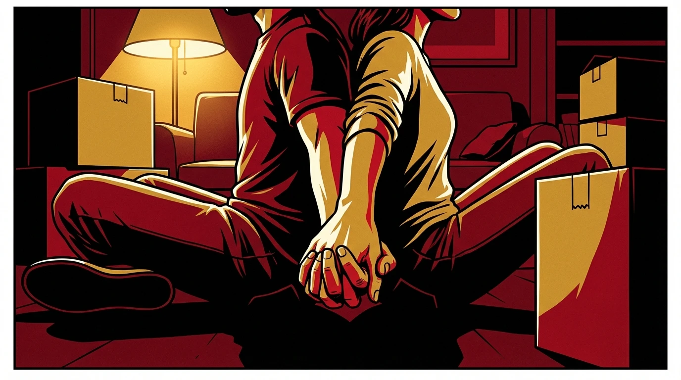 A young couple finds a moment of connection while building a strong marriage under pressure, symbolized by their clasped hands amidst the chaos of moving boxes. Filename: building-a-strong-marriage-under-pressure-bestie-ai.webp