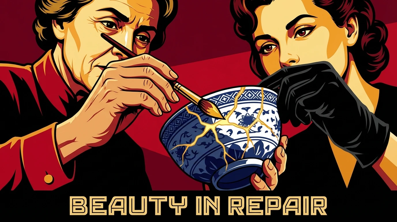 Two hands representing the hard work of coping with marriage difficulties, carefully mending a beautiful Kintsugi bowl with golden seams. filename: coping-with-marriage-difficulties-bestie-ai.webp