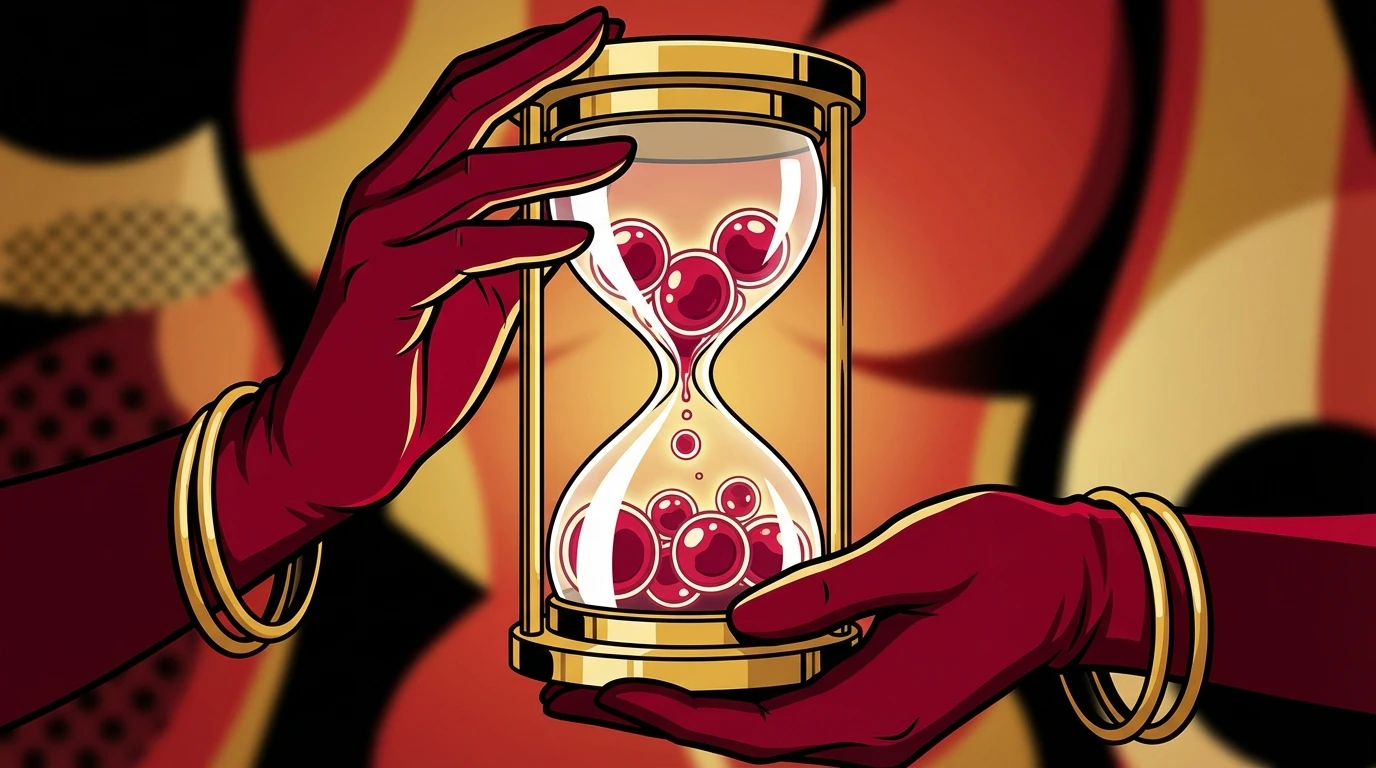 A symbolic image representing the early pregnancy symptoms timeline, showing an hourglass with cells instead of sand to illustrate the biological process of waiting for signs of pregnancy. File: early-pregnancy-symptoms-timeline-bestie-ai.webp