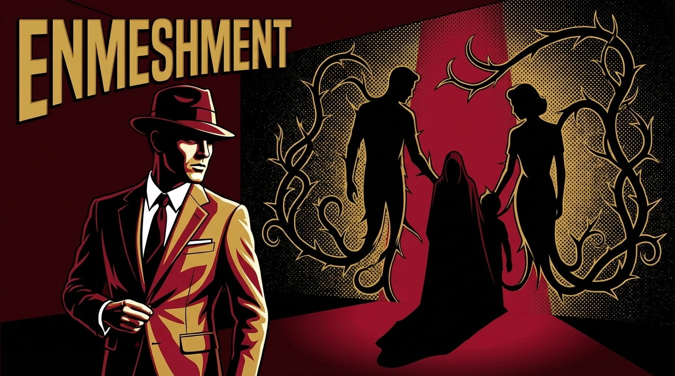 A person feeling isolated by the tangled, thorny dynamics of folie à deux in family systems, represented by shadowy vine figures on a wall. Filename: folie-a-deux-in-family-systems-bestie-ai.webp