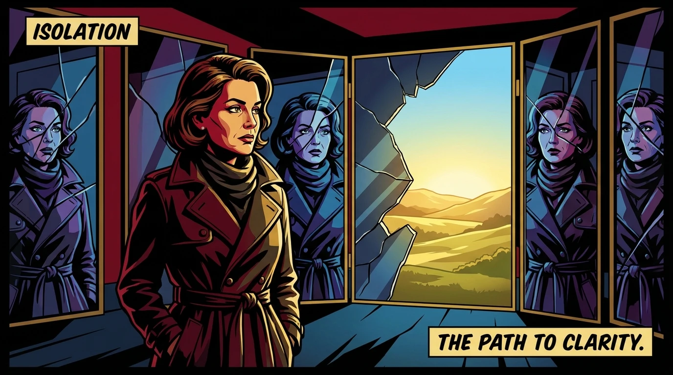 A symbolic image representing a woman's journey through this guide to recognizing emotional abuse, surrounded by distorted reflections that signify confusion and gaslighting, with a crack of light offering hope for clarity. filename: guide-to-recognizing-emotional-abuse-bestie-ai.webp