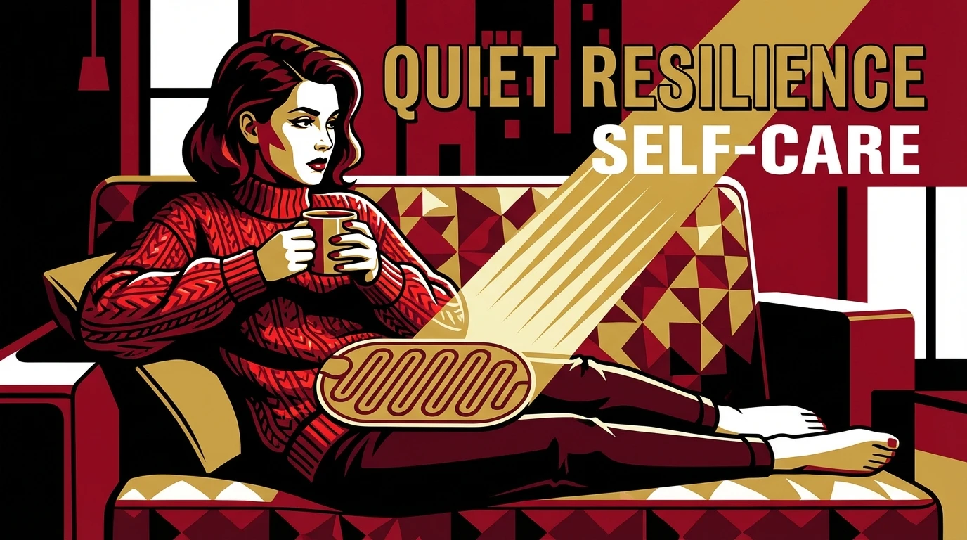 A woman finding comfort and learning how to relieve pms physical symptoms by resting with a warm drink and a heating pad. how-to-relieve-pms-physical-symptoms-bestie-ai.webp