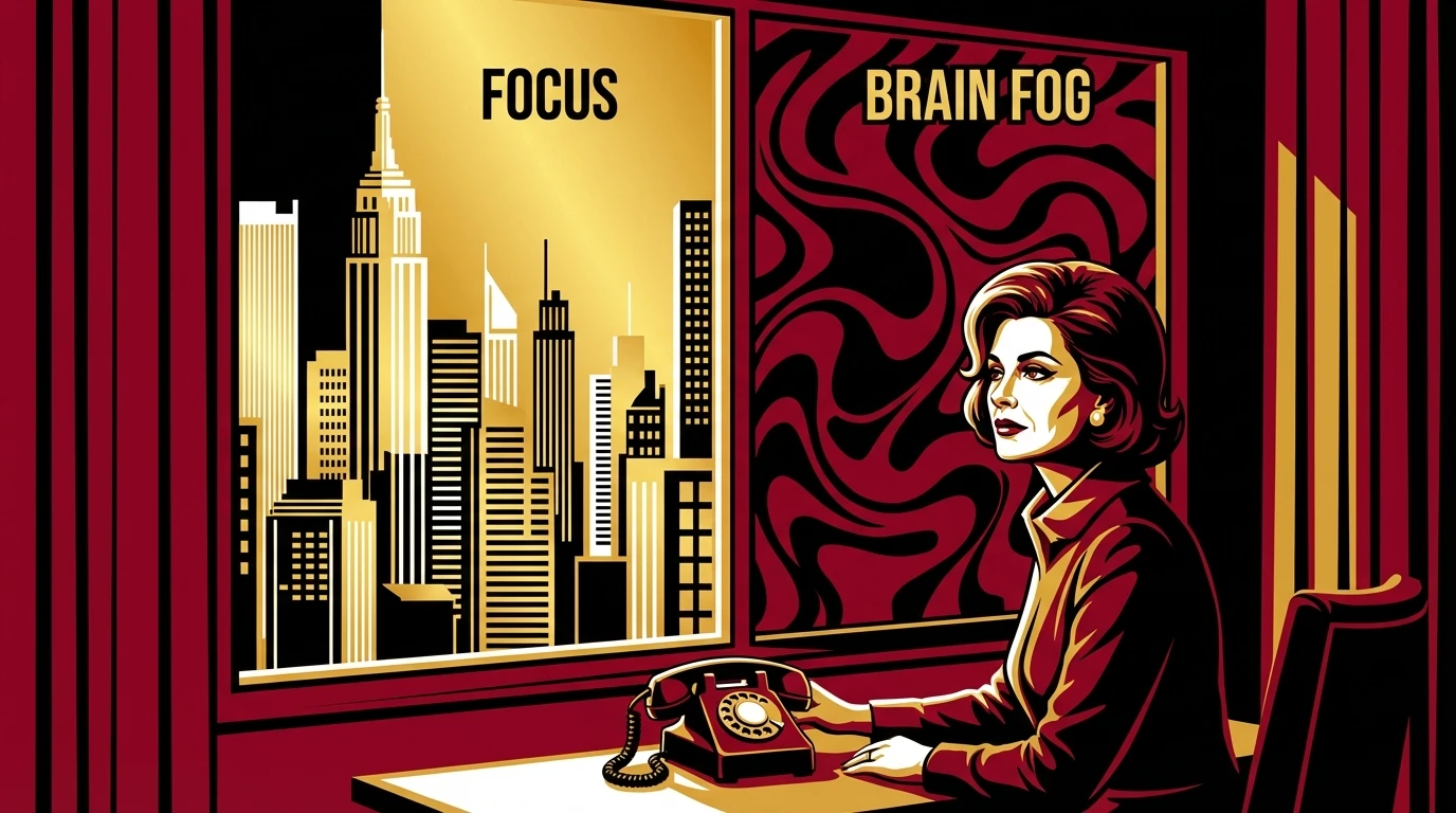 A symbolic image showing effective pms brain fog remedies, with a woman's view clearing from a gentle fog to reveal focus and mental clarity. pms-brain-fog-remedies-bestie-ai.webp