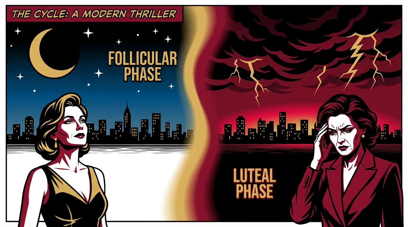 A symbolic image depicting the hormonal shift that causes premenstrual syndrome, with a calm moon on one side and a stormy, crimson-tinged sky on the other, representing the challenging luteal phase. premenstrual-syndrome-luteal-phase-bestie-ai.webp