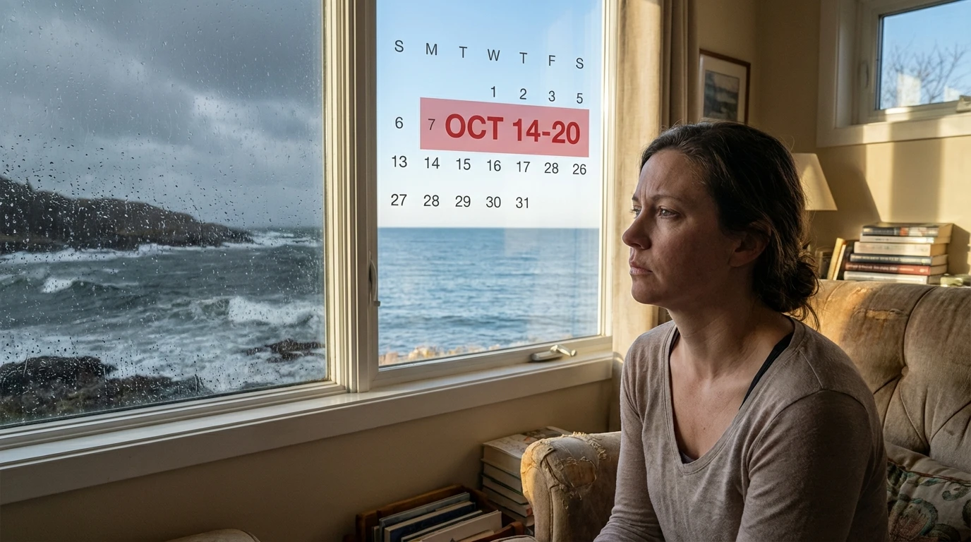 A symbolic image representing the difference in pms vs pmdd symptoms, showing a woman looking through a window at a scene split between a stormy sea and a calm sea, illustrating extreme mood swings. pms-vs-pmdd-symptoms-bestie-ai.webp