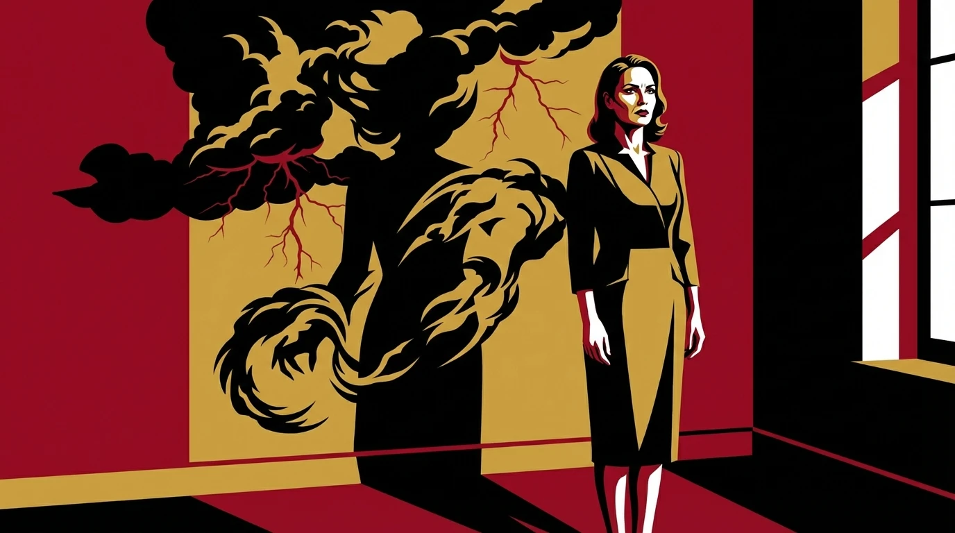 A symbolic image illustrating the internal struggle of pms vs pmdd symptoms, showing a woman whose shadow reveals a stormy inner world. pms-vs-pmdd-symptoms-bestie-ai.webp