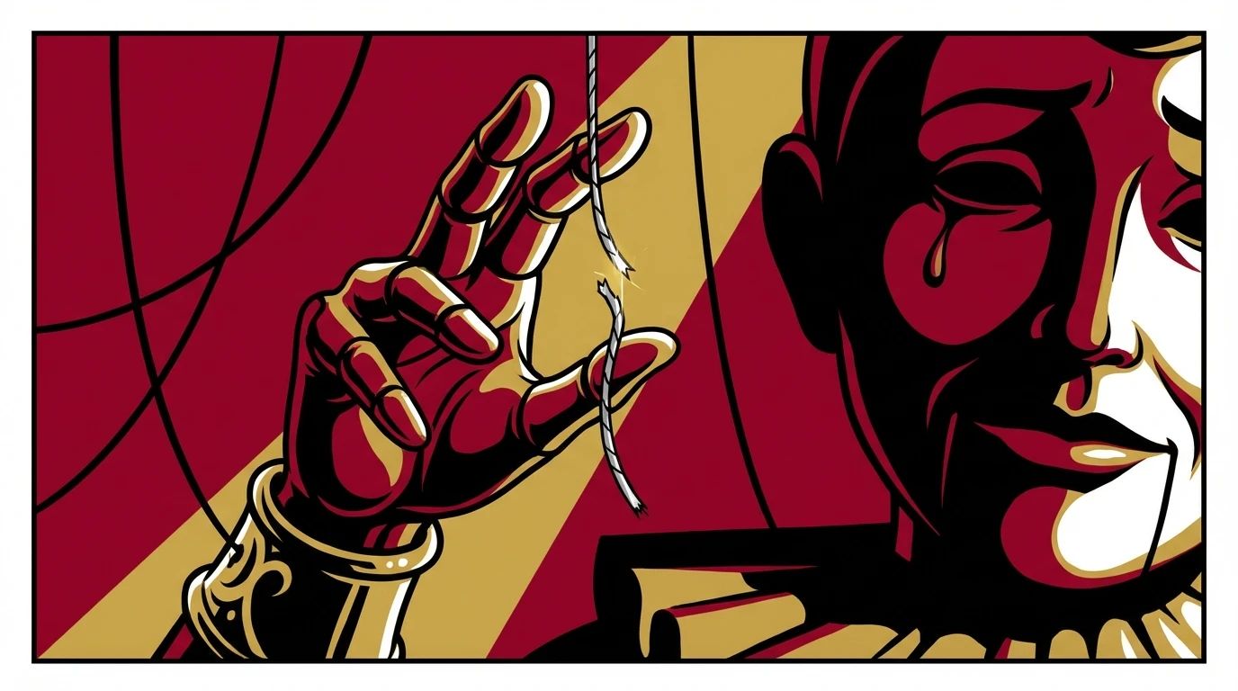 A symbolic image exploring the psychology of controlling partners, represented by a marionette cutting one of its own strings to find freedom. File name: psychology-of-controlling-partners-bestie-ai.webp