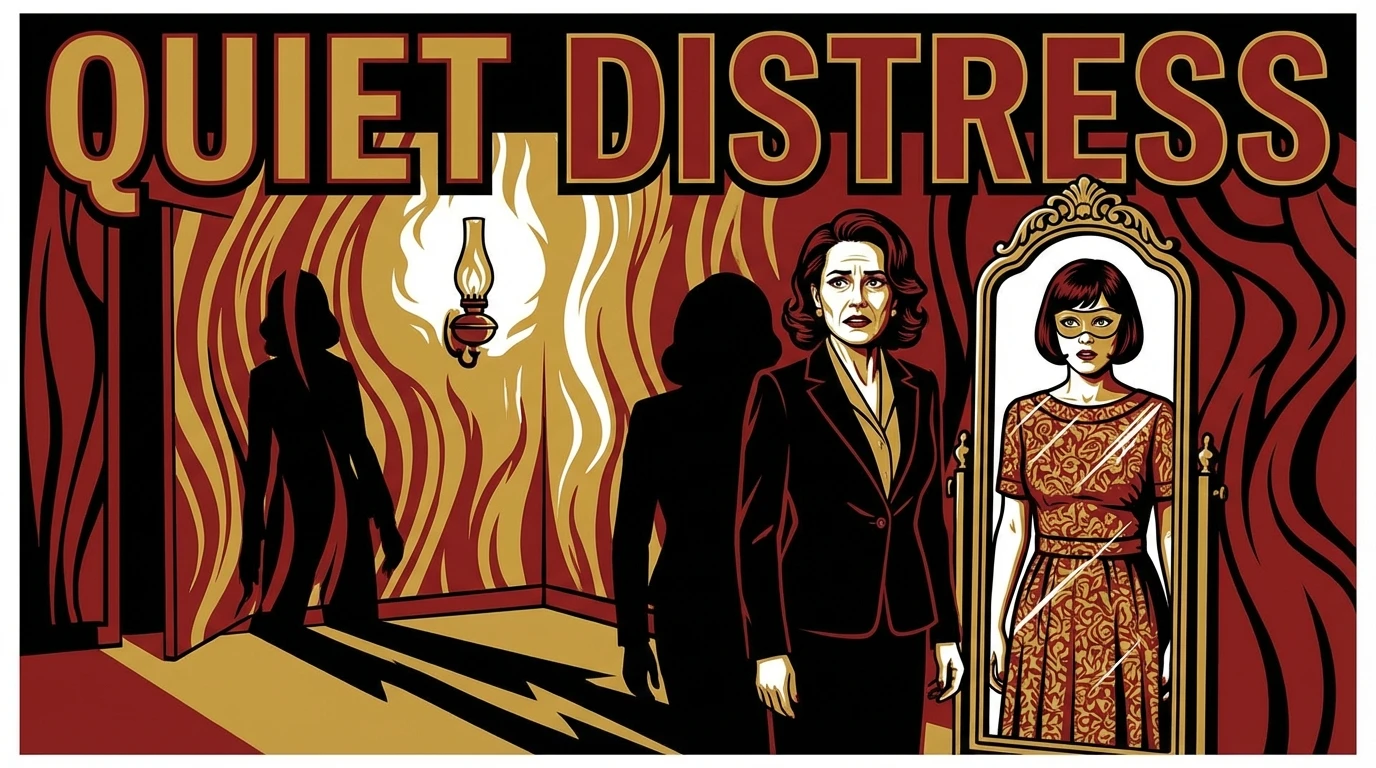 A symbolic painting illustrating the psychology of gaslighting in marriage, showing a person in a distorted room, confused by their own reflection, representing the loss of reality. Filename: psychology-of-gaslighting-in-marriage-bestie-ai.webp