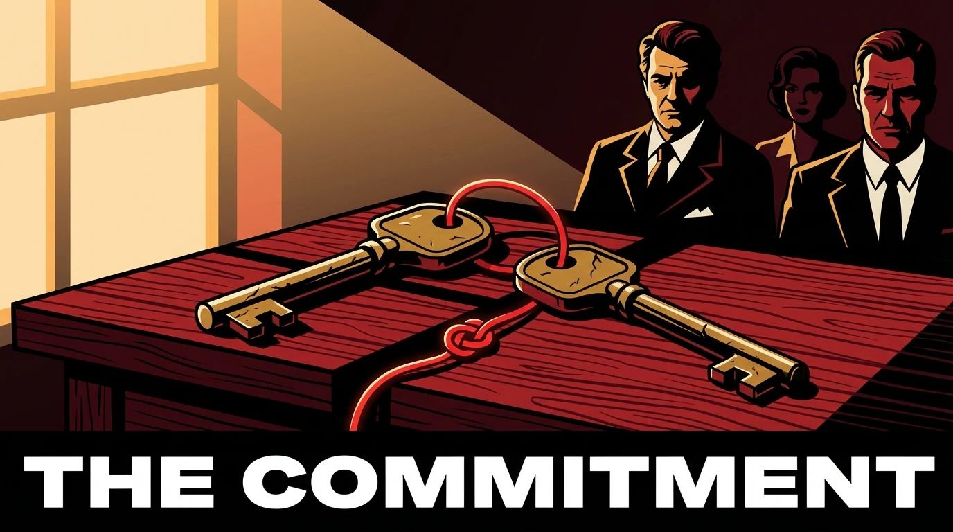 Two old keys on a wooden table connected by a red thread, symbolizing the deep psychology of marriage commitment and finding a safe harbor in a lifelong partnership. filename: psychology-of-marriage-commitment-bestie-ai.webp