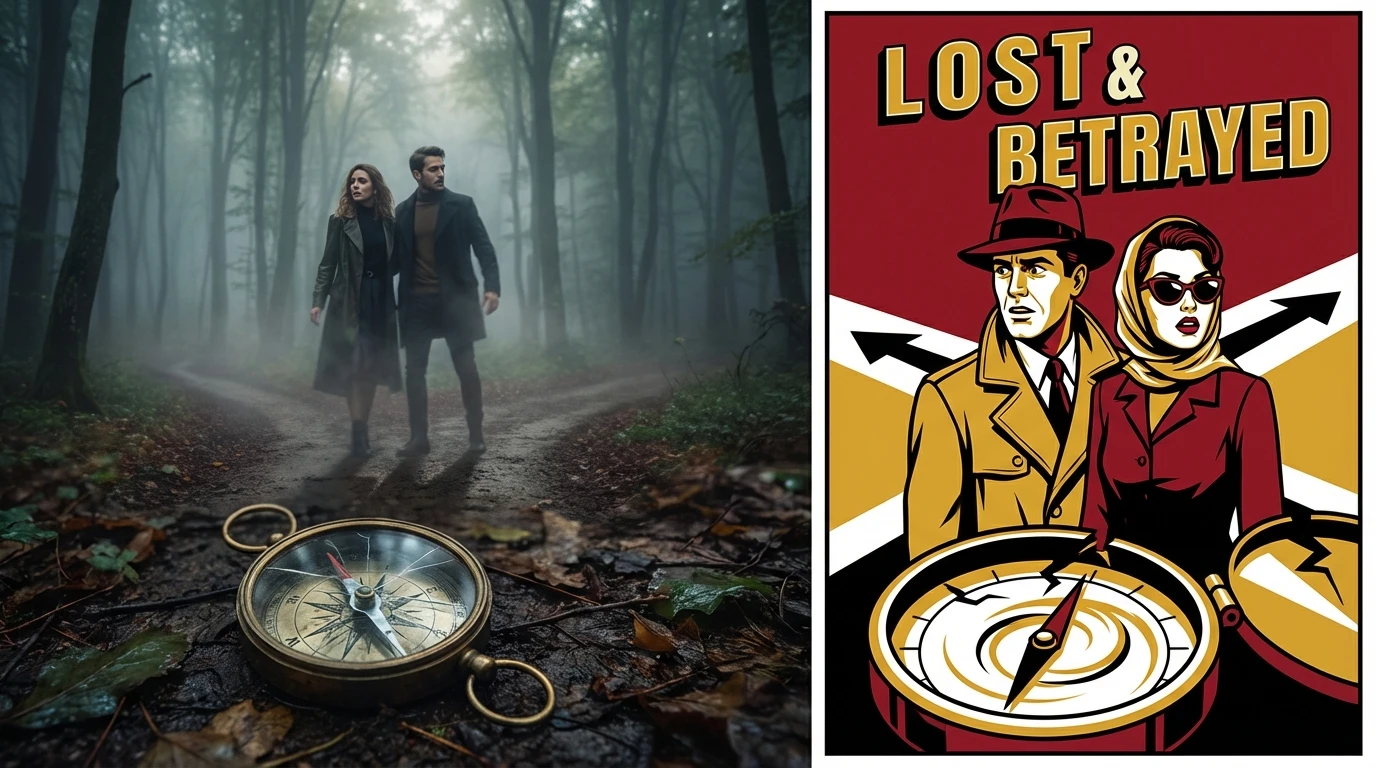 A broken compass on a foggy forest floor, symbolizing one of the key signs of a bad marriage counselor: a lack of clear direction and guidance. Filename: signs-of-a-bad-marriage-counselor-bestie-ai.webp