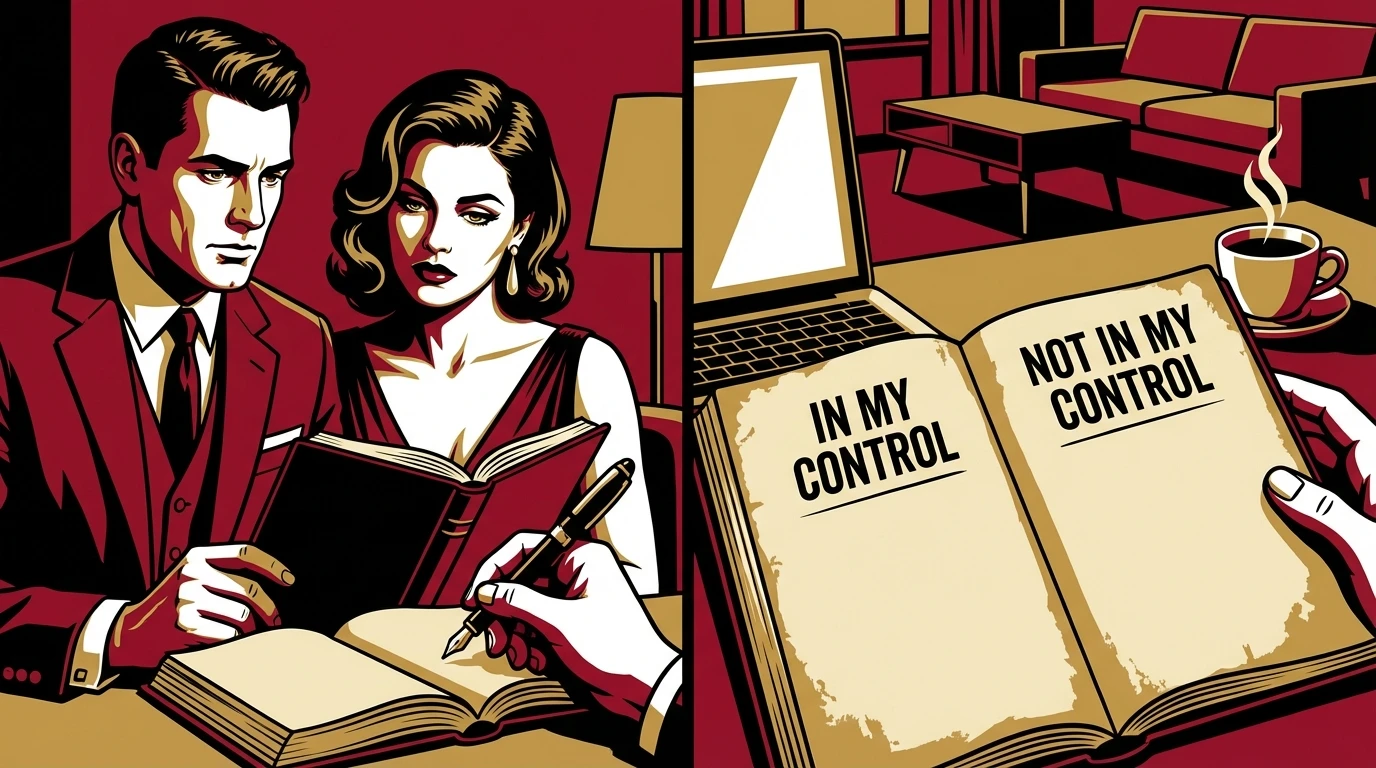 A person engaging in stoic journaling prompts and exercises, with a focus on a page divided into what is and is not in their control, symbolizing mental fortitude. Filename: stoic-journaling-prompts-and-exercises-bestie-ai.webp