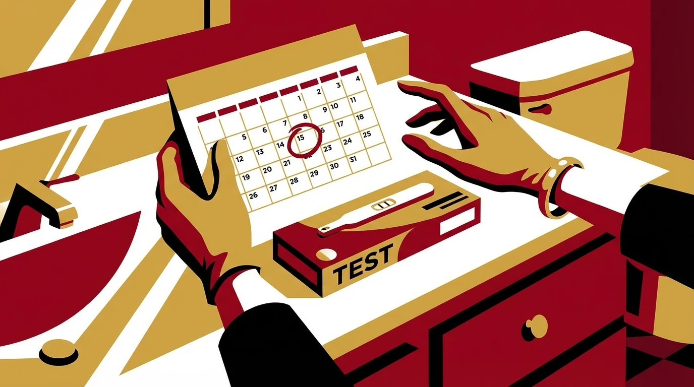 A serene image symbolizing the thoughtful process of what to do when you suspect pregnancy, showing a calendar and a test on a clean countertop. File name: what-to-do-when-you-suspect-pregnancy-bestie-ai.webp