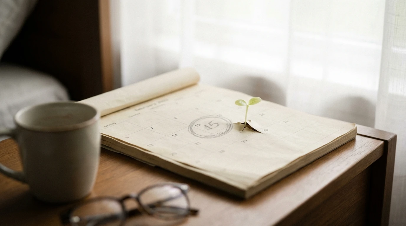 A calendar with a date circled, symbolizing the anxious wait to find out what week pregnancy symptoms start, with a small green sprout growing from the page to represent new life. File: what-week-pregnancy-symptoms-start-bestie-ai.webp